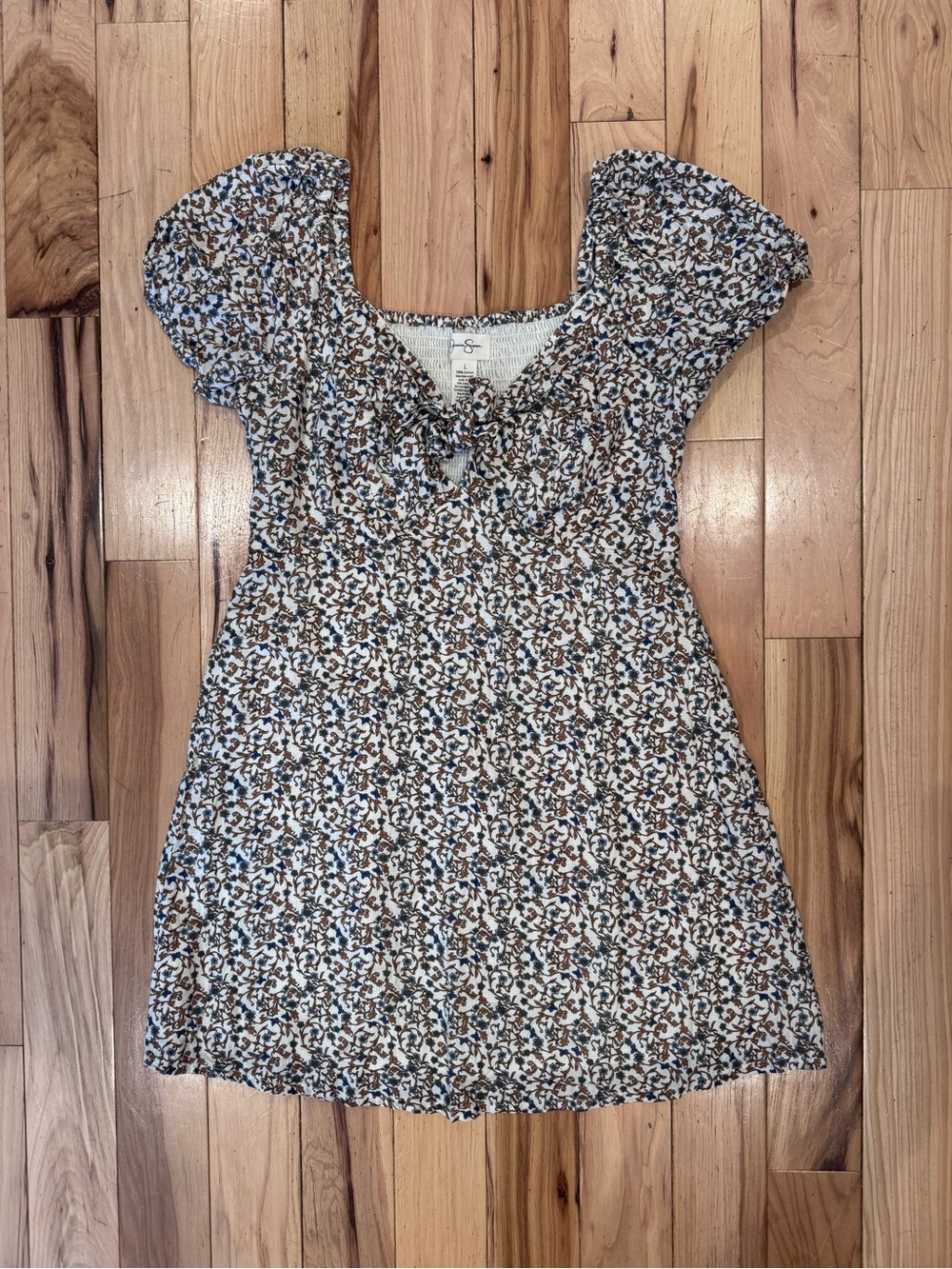 Smocked Blue & Brown Floral Mini Dress